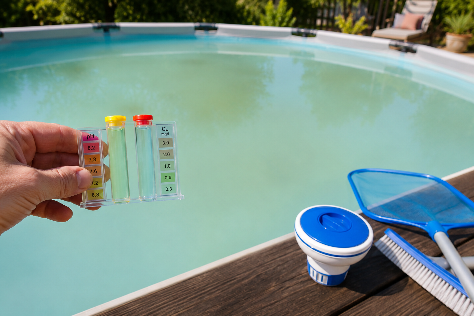Une piscine avec l'eau trouble et un testeur d'eau